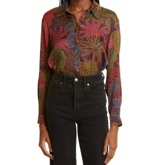 Farm Rio Rainforest Lenzing Viscose Brown Button Down Shirt Blouse size XS - Picture 1 of 9